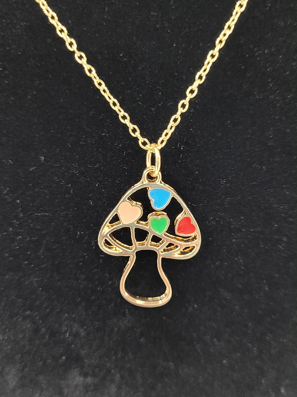 Gold Tone Mushroom Pendant Necklace with Multicolor Heart Accents